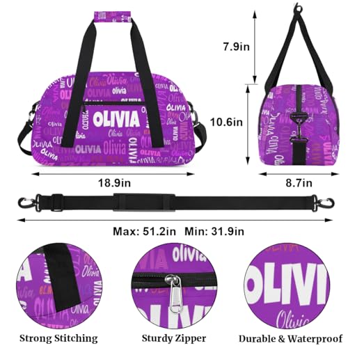 Custom Name Dance Bag Girls, Personalized Name Gymnastics Sport Cheerleader Bag, Barrel Ballet Duffel Bag Women, Dark Purple - color: Color20