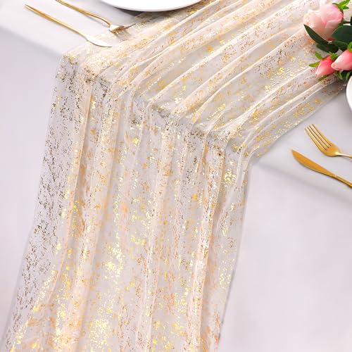 Snowkingdom 10 Ft Gold Table Runner, Sheer Gauze Chiffon Tulle Cheesecloth Sequin Glitter Metallic Foil, Table Decorations for Home Wedding Anniversary Party Birthday Holiday Christmas Thanksgiving - color: Gold, size: 10FT/1Pc