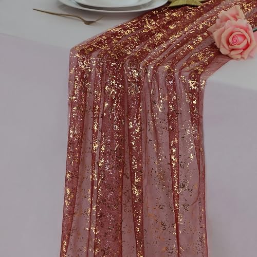 Snowkingdom Burgundy Gold Gauze Table Runner 10 Ft, Glitter Sheer Metallic Foil Sparkly Table Decor Centerpiece for Wedding, Party, Bridal Shower, Banquet, Elegant Dinner Anniversary Holiday Birthday - color: Burgundy Gold, size: 10FT/1Pc