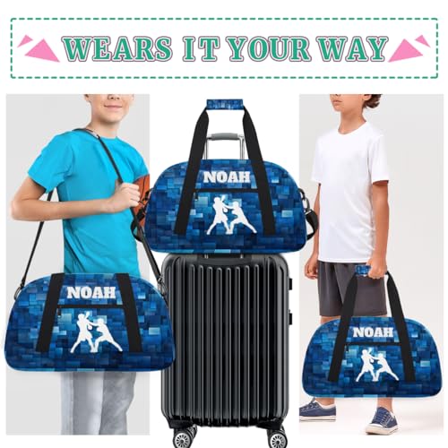 Custom Sports Bag for Boys, White Boxing Silhouette Blue Geometric | Personalized Named Practice Travel Overnight Training Bag - color: Color 32