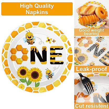 Qyeahkj 100 Pcs Bee 1st Birthday Party Supplies Paper Plates and Napkins Set Disposable Bee First Birthday Tableware Decorations for Bees Theme Baby Shower Serves 25 - style: Bee 1st