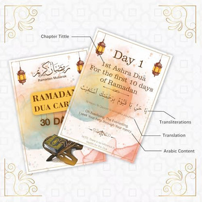 30 Ramadan Umrah Dua Cards, Islamic Muslim Quran Dua Cards, Muslim Ramadan Gift for Men and Women, Arabic Dua Reminders Cards with Transliteration and Explanations (watercolor)