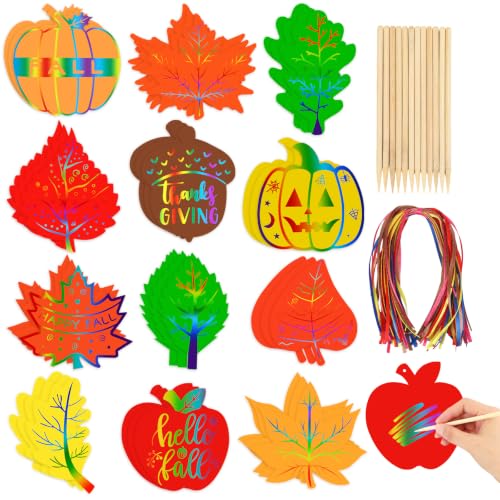 FEBSNOW 48 Pcs Fall Scratch Art Autumn Maple Leaves Pumpkin Scratch Paper - style: Fall