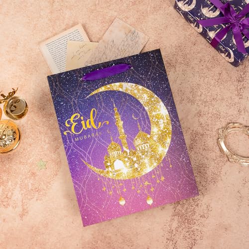 Loveinside Ramadan Gift Bag, Purple Gradient and Gold Crescent Moon Mosque Design, Eid Medium Size Gift Bag with Tissue Paper for Muslim Festival, Holiday, Wedding, 10" x 5" x 13", 1 Pcs - color: Ramadan