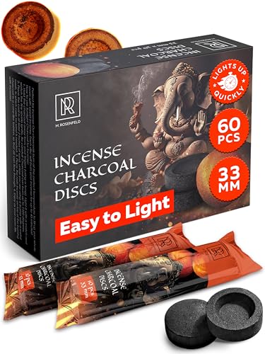 Charcoal Discs to Burn Incense - 60 pcs Charcoal for Incense Burning - 33 mm Most Quick Light Coals Tablets by M. ROSENFELD - 33 mm Resin Burner Rolls – Pack of 60 Instant Fire Coal Tablets - color: 60 Charcoal Discs