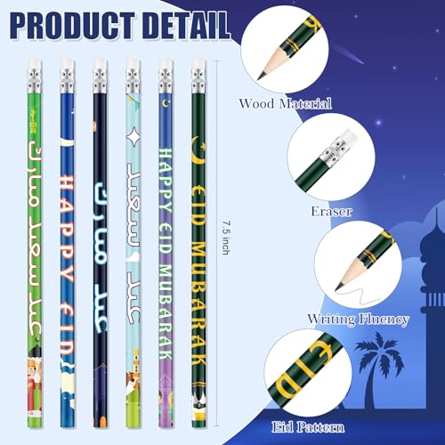 Crtiin 48 Pcs Ramadan Pencils Ramadan Mubarak Party Favors Novelty Toy Muslim Kids Gifts Bright School Party Supplies for Kids Students Classroom Learning Activities (Eid Style) - style: Eid Style