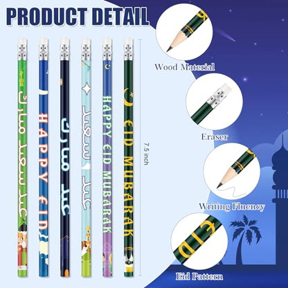 Crtiin 48 Pcs Ramadan Pencils Ramadan Mubarak Party Favors Novelty Toy Muslim Kids Gifts Bright School Party Supplies for Kids Students Classroom Learning Activities (Eid Style) - style: Eid Style