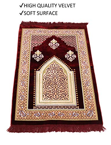 TB Muslim Prayer Rug, Islamic, Velvet Mat Ramadan Gift, with Prayer Bead Unique Decoration Gilded Gold-Like Embroidered for Women Man Kids Meditation Turkish African (Claret Red)