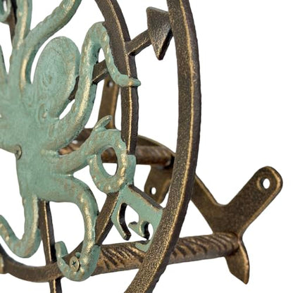 Zeckos Garden Hose Holder Octopus Compass 12 Inch Cast Iron Bronze | Verde Patina Detail, Nautical Compass Rose Motif, 5.5 Inch Deep, Matching Screws - color: Octopus Compass - Bronze