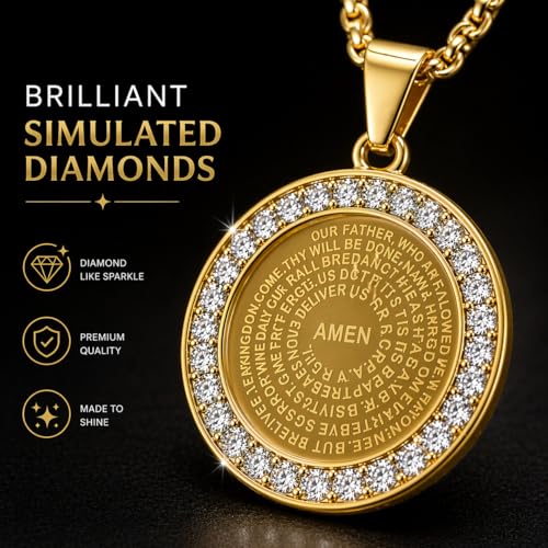 Steeltime Stainless Steel Lords Prayer Necklace with Simulated Diamonds - color: Gold, style: Reversible Round Pendant