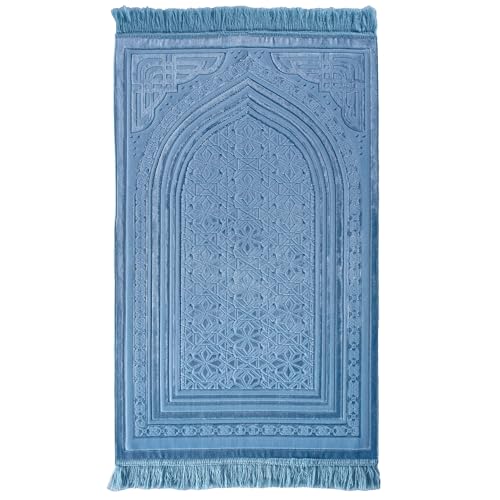 Modefa Luxury Velvet Prayer Rug with Prayer Beads | Soft Elegant Muslim Turkish Janamaz Sajada Carpet for Men and Women | Plain Solid Prayer Mat Ramadan Eid Gift - Najma (Najma Steel Blue) - color: Najma Steel Blue