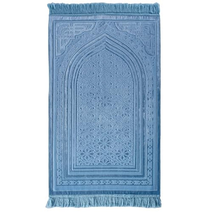 Modefa Luxury Velvet Prayer Rug with Prayer Beads | Soft Elegant Muslim Turkish Janamaz Sajada Carpet for Men and Women | Plain Solid Prayer Mat Ramadan Eid Gift - Najma (Najma Steel Blue) - color: Najma Steel Blue