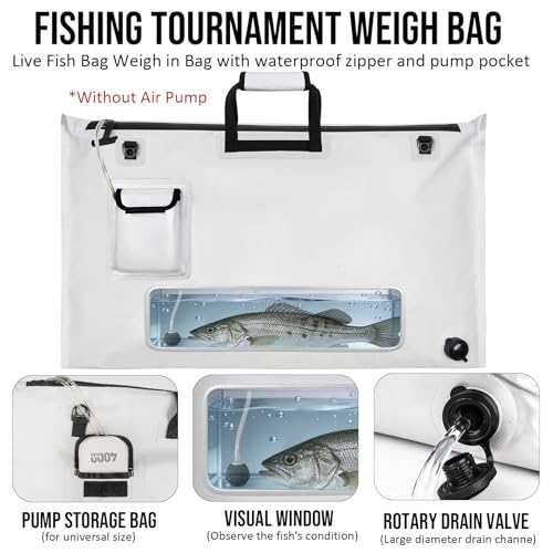 THKFISH Fish Tournament Weigh in Bag for Bass Fishing, Heavy Duty Insulated Live Fish Bag for Caught Fish with Waterproof Zipper and Mesh Liner, Leakproof,Puncture Resistant(White-32×19.7in) - color: White-32×19.7in