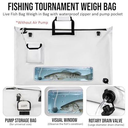 THKFISH Fish Tournament Weigh in Bag for Bass Fishing, Heavy Duty Insulated Live Fish Bag for Caught Fish with Waterproof Zipper and Mesh Liner, Leakproof,Puncture Resistant(White-32×19.7in) - color: White-32×19.7in