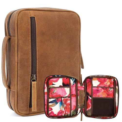 ELIZO Full Grain Leather Bible Cover for Women, Floral Large Bible Cases for Woman, Genuine Leather Sleeve Pouch Organizer Protector Carrying Bag with Zipper Christian Gifts for Women Bookmark, Saddle - color: Saddle / Floral, size: Study