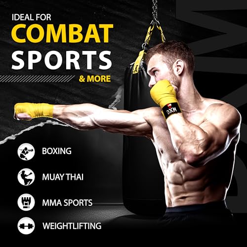 DXM SPORTS Boxing Hand Wraps Inner Gloves - 180 Inch Elasticated Thumb Loop Bandages - Kickboxing MMA Muay Thai Kickboxing Martial Arts Punching Training for Men Women - color: Yellow