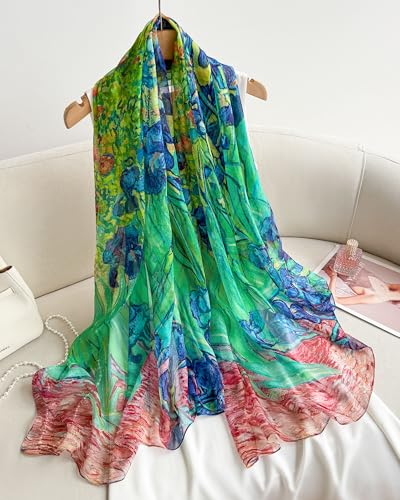 100% Mulberry Silk Scarf for Women, 69'' x 43'' Lightweight Large Silk Chiffon Shawl Wraps Floral Neck Scarf Gift - color: Green Irises -Van Gogh Oil Painting