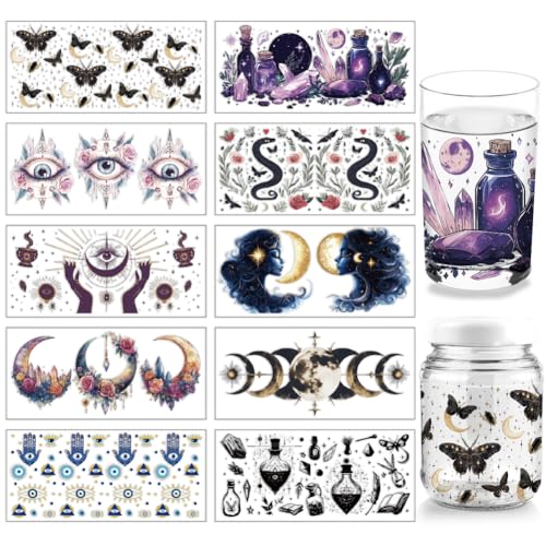 arricraft 10 Pcs Colorful Fantasy Elements Theme Cup Printing UV Transfer Papers, 10 Styles Divination Eyes Butterflies Moon Flowers UV DTF Cup Wrap Stickers for 16 OZ Glass Cups Crafts 9.5x4.3inch - style: Colorful Fantasy Elements Theme