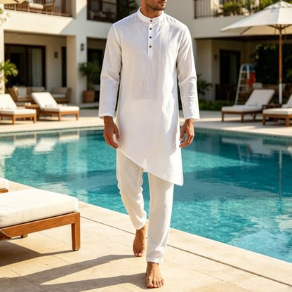 Mens Kaftan Thobe Robe Cotton Linen Long Sleeve Henley Shirt Casual Asymmetric Hem Muslim Kurta Gown Tops - color: White, size: X-Large