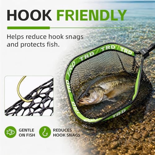 AluFloat X1 Fishing Net with Handle (Fish Net) - Floating Foldable Rubber-Coated Deep Mesh Landing Net for Bass & Fly Fishing - Fishing Gear, Kayak Accessories, Fishing Accessories - color: green