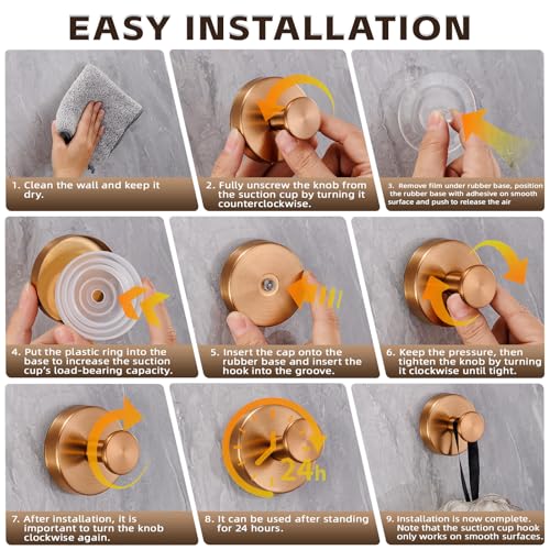Suction Cup Hooks for Shower,Stainless Steel Towel Hooks No Drill | Vacuum-Lock Mount, Removable and Reusable for Glass, Tile, Metal and Smooth Non-Porous Surfaces(2 Pack,Champagne Bronze) - color: Champagne Bronze