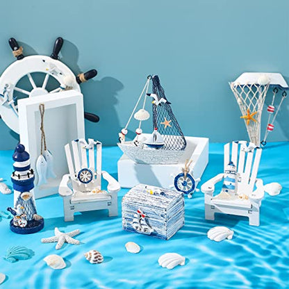 7 Pieces Wooden Box Wooden Lighthouse Mini Sailboat Anchor Fish Hanging Starfish Model Spring Summer Easter Tree Ornament Decoration Aquarium Decor Landscape Tank Ornament Office Mini Garden Landscape - style: Classic