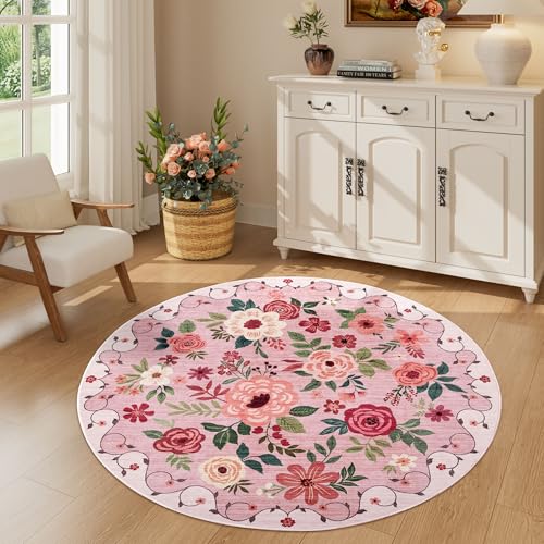 DUKINO 4ft Round Rug, Floral Washable Small Round Area Rug Non Slip, Pink - color: Pink, size: 4' (Round)