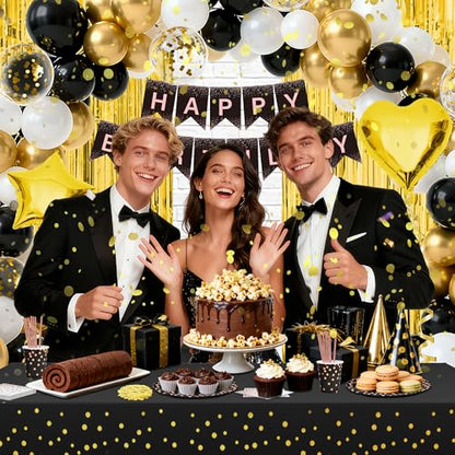165 Pcs Black and Gold Birthday Decorations for Men and Women,Party Supplies Kit with Tablecloth,Paper Plates, Balloon, Happy Birthday Banner, Fringe Curtains, Cake Topper, Cups, for 25 Guests - style: Black and Gold