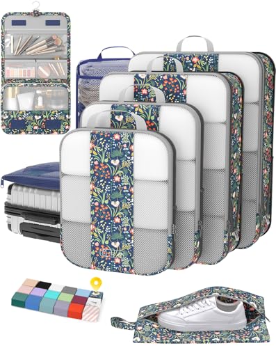 OlarHike 8 Set Compression Packing Cubes for Travel Essentials,Compressible Expandable Space Saver Bags for Organizing Clothes,Luggage Garment Bags with Over 1000 pcs Mesh Holes(Dark Blue Floral) - color: Dark Blue Floral