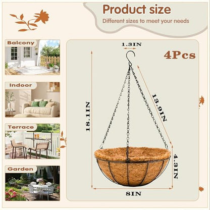 8 inch Metal Hanging Baskets For Plants Outdoor 4 Pack Round Metal Wire Hanging Basket Planter with Coco Fiber Liners Chain Round Wire Plant Holder for Garden, Patio, Deck, Porch Plants Flower Potss - size: 8 Inch, style: Watermelon