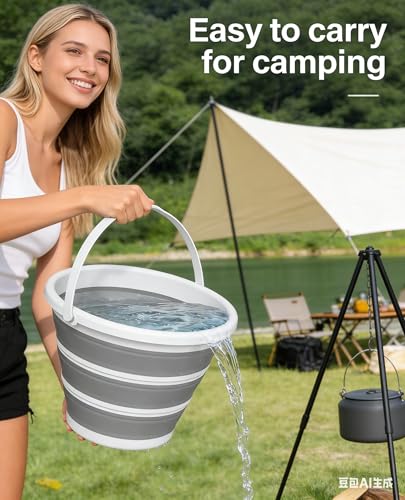 Collapsible Bucket, 2.6 Gallon (10L) Portable Water Pail, Foldable Design with Handle, for Garden, Car Wash, Camping - color: B001-gray