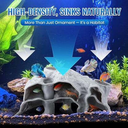 Aquarium Cave Three Hole, 3D Rock Texture Fish Tank Tunnel & Hideout, Natural Under Gravel Aquarium Decor for Small Fish, Shrimp, Corydoras, Kuhli Loach, Hermit Crabs