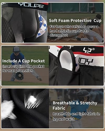Youper Youth Elite Padded Baseball Sliding Shorts w/Soft Athletic Cup - color: Black, size: X-Small