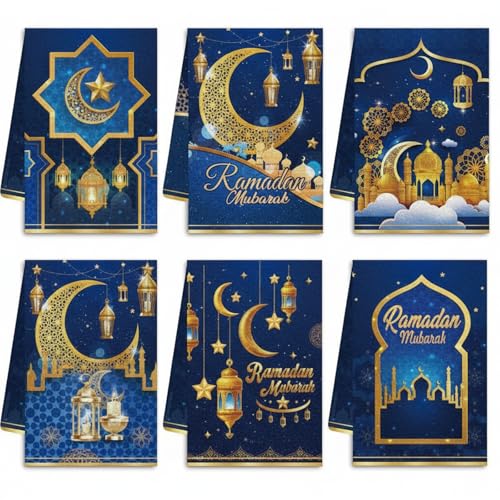 Mixweer 라마단 무바라크 주방 타월 Eid al Fitr 접시 타월 블루 골드 티 핸드 타월 파티 욕실 주방 홈 액세서리용, 6피스 40.6 x 61cm(16 x 24인치)
