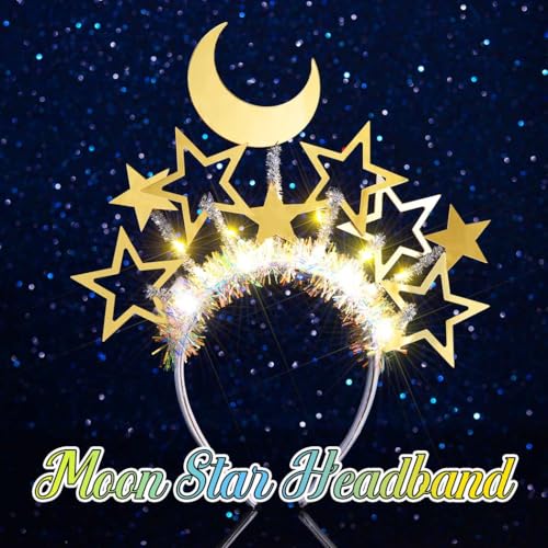Yean Light Up Gold Moon Star Headband for Women (Gold-Warm Light, One Size) | New Years Star Headband Costume Party Hair Accessories