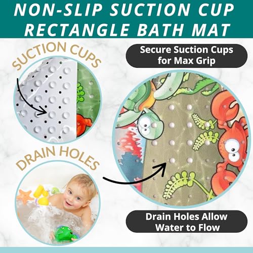 ENKOSI Bath Mat - Large Non Slip Bathtub & Shower Mat - Extra Long 40 x 16 Inch Bathroom Mats for Tub Nonslip Anti Slip Bathmats (Ocean Friends), 1 Pack | Fun ocean animals print for kids; Durable PVC; 40x16 in, Ocean Friends - color: Ocean Friends