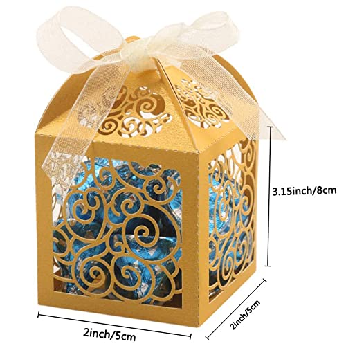 KPOSIYA 100 Pack Wedding Favor Boxes Laser Cut Boxes Party Favor Box Small Gift Boxes Lace Candy Boxes for Wedding Bridal Shower Baby Shower Birthday Party Anniverary with Ribbons (Gold, 100) - color: Gold 100