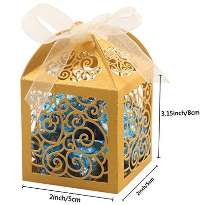 KPOSIYA 100 Pack Wedding Favor Boxes Laser Cut Boxes Party Favor Box Small Gift Boxes Lace Candy Boxes for Wedding Bridal Shower Baby Shower Birthday Party Anniverary with Ribbons (Gold, 100) - color: Gold 100