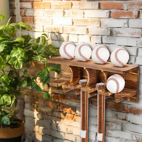 Tebery Wood Baseball Bat Holder and Ball Display Shelf Wall Mounted, Sports Memorabilia and Collectibles Floating Shelf Hanging Organizer Bat Rack