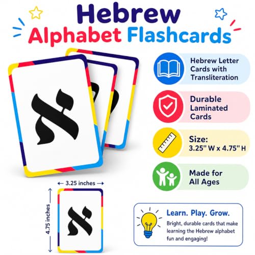The Dreidel Company Single Pack Aleph Bet Hebrew Alphabet Flashcards – Laminated Hebrew Letter Cards with Transliteration for Kids and Beginners - style: Single