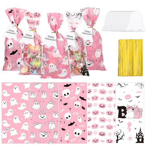 woric 100 Set Pink Ghost Halloween Treat Bags Cellophane Candy Bags - color: Pink Ghost