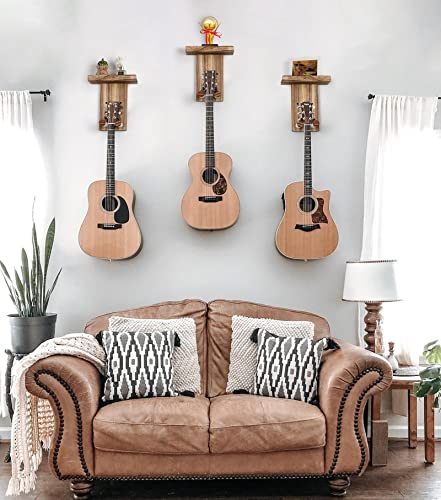 Keebofly 3-Pack Guitar Wall Mount Hangers - Rustic Wood Brown Guitar Stand with Pick Holder - Acoustic, Electric, Ukulele, Bass & Mandolin [Patented] - color: 3 Pack_Rustic Brown