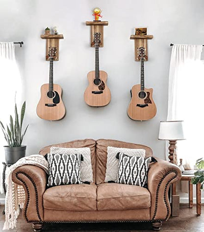 Keebofly 3-Pack Guitar Wall Mount Hangers - Rustic Wood Brown Guitar Stand with Pick Holder - Acoustic, Electric, Ukulele, Bass & Mandolin [Patented] - color: 3 Pack_Rustic Brown