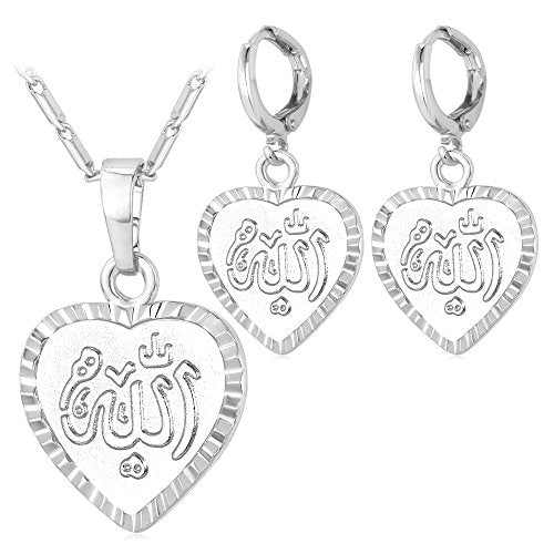 U7 Allah Necklace for Women/Men, 18K Gold Plated Square/Oval/Coin/Heart/Crescent Moon Islamic Pendant Necklace Muslim Jewelry with Chain - color: 07.Heart Necklace+Earrings Platinum