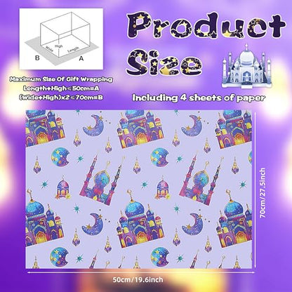 Eid Wrapping Paper,4 Sheet Colorful Mosque Moon Star Ramadan Eid Mubarak Al-Fitr Al-Adha Wrapping Paper Pink Blue Purple Islamic Holidays Gift Wrap Paper for Islamic Muslim Party Favors,28 x 20 Inch