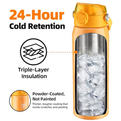 Fanhaw 24 oz Insulated Stainless Steel Water Bottle with 2-in-1 Straw& Chug Lid, Leakproof Wide Mouth Vacuum Bottle for School, Sports, Kids, Teens& Adults, Back to School Essentials (Saffron Yellow) - color: Saffron Yellow