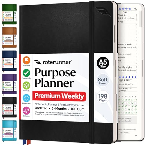 Roterunner Purpose Planner Notebook A5 5.8”x8.3” Undated 2026 Daily Weekly and Monthly Productivity Goal Setting Tool for Work Home ADHD Planner for Adults Self Care Journal (Black Softcover) - color: Black, size: A5 Softcover