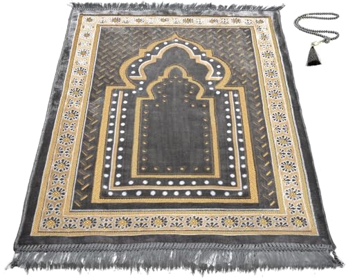 Prayer Mat Rug for Muslim Men, Women or Kids, Portable Praying Mat and Prayer Beads Sets for Islamic Gifts – Muslim Prayer Rug For Ramadan, Umrah, Hajj - Turkish Rug for Meditation and Worship (GRAY) - color: Grey