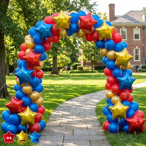 Blue Red Gold Foil Balloons Star 12 Pcs, 18 Inch Large Metallic Royal Blue Red and Chrome Yellow Star Shaped Helium Balloons for Kids Birthday Soccer Sport Themed Graduation Baby Shower Fathers Day - color: Blue Red Gold