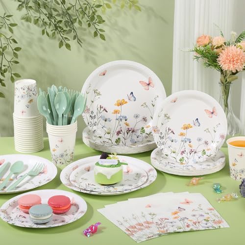 175 Pcs Wildflower Paper Plates and Napkins for 25 Guests | Spring Summer Floral Arrangements Party Tableware for Baby Shower Wedding Birthday Garden Tea Party Supplies - color: Wildflower